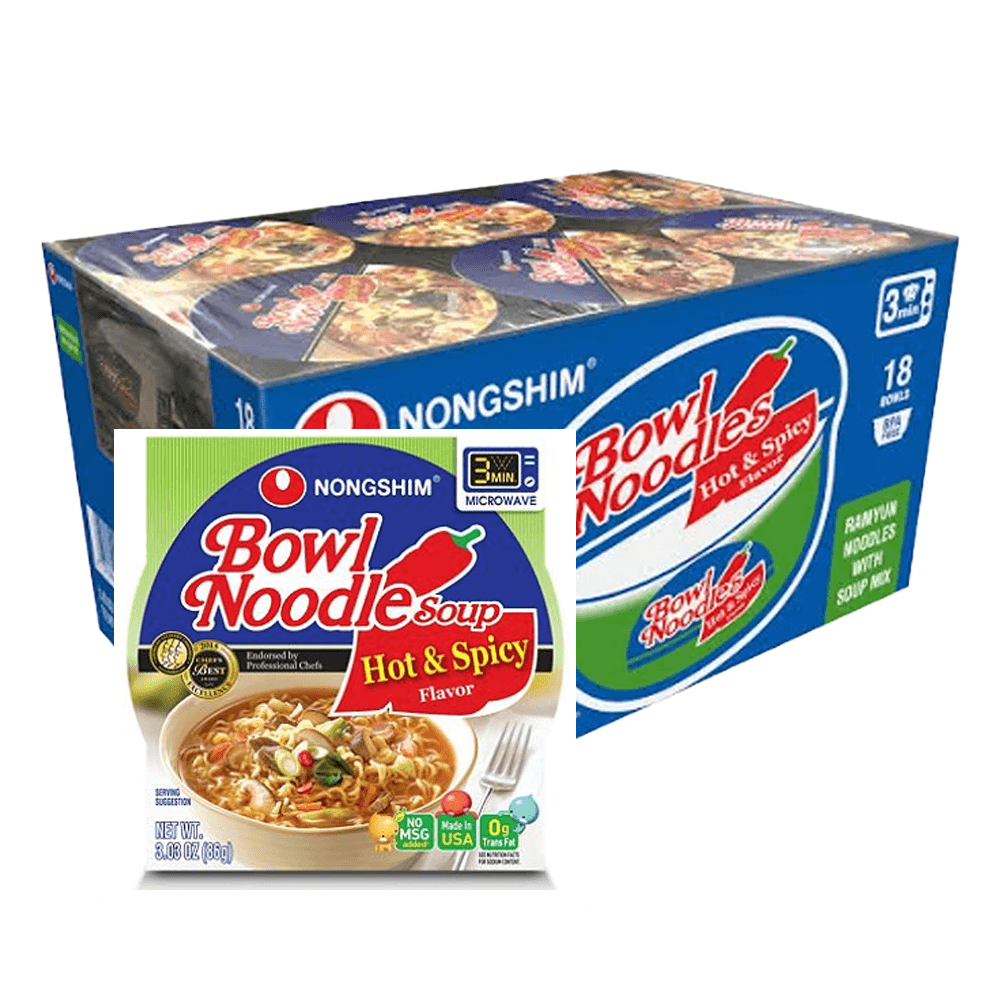 Box of 18 Vegas Party Favors Nongshim Bowl Noodle Soup, Hot & Spicy 3.03 oz. bowls; image displays noodles in a bowl with green onions and vegetables, microwave-labeled.