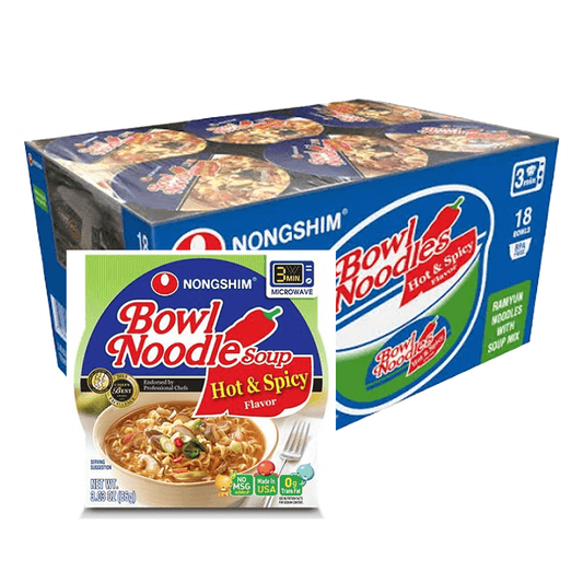 Box of 18 Vegas Party Favors Nongshim Bowl Noodle Soup, Hot & Spicy 3.03 oz. bowls; image displays noodles in a bowl with green onions and vegetables, microwave-labeled.