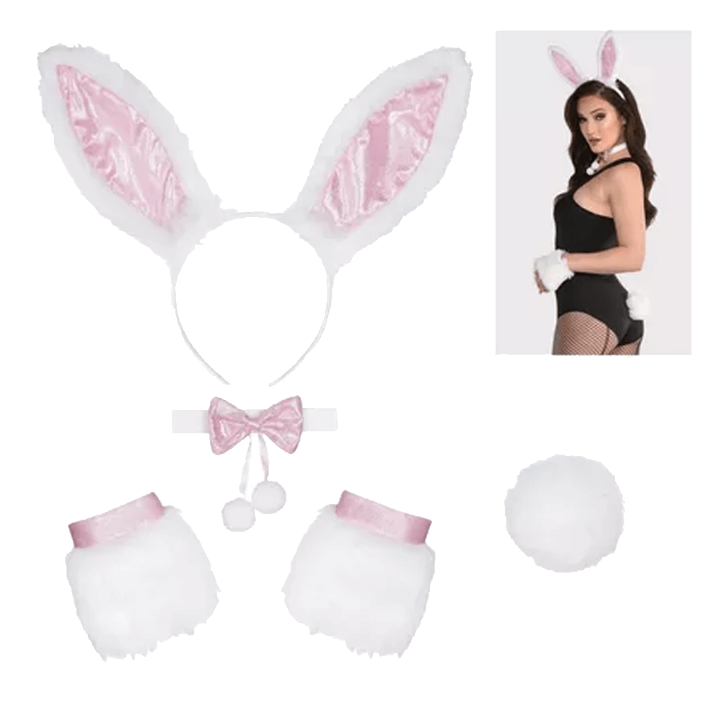 Enhance your ensemble with the Vegas Party Favors Adult Bubbly Bunny Costume Accessory Kit, including pink and white bunny ears, a bow tie, fluffy wrist cuffs, and a playful cottontail. Inset shows a woman wearing the bodysuit, fishnet stockings, and charming accessories.