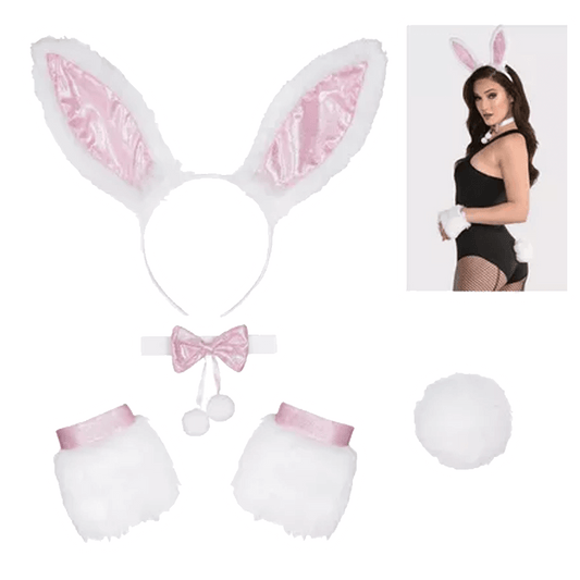 Enhance your ensemble with the Vegas Party Favors Adult Bubbly Bunny Costume Accessory Kit, including pink and white bunny ears, a bow tie, fluffy wrist cuffs, and a playful cottontail. Inset shows a woman wearing the bodysuit, fishnet stockings, and charming accessories.