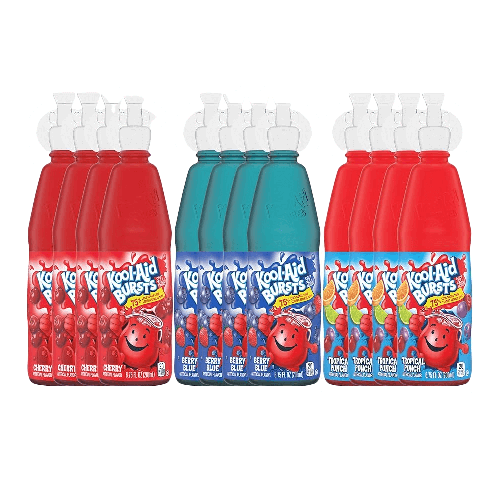 A set of Kool-Aid Bursts 6 Pack drink bottles from Vegas Party Favors is displayed with six Cherry-flavored bottles on the left, six Berry Blue in the center, and six Tropical Punch on the right, all featuring red twist caps.