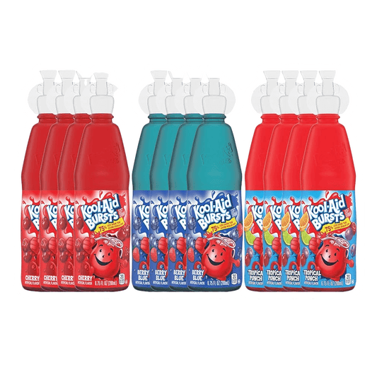 A set of Kool-Aid Bursts 6 Pack drink bottles from Vegas Party Favors is displayed with six Cherry-flavored bottles on the left, six Berry Blue in the center, and six Tropical Punch on the right, all featuring red twist caps.