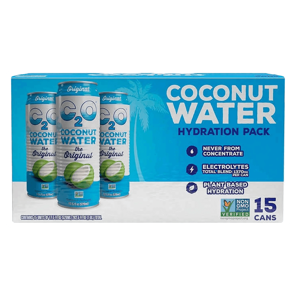 A 15-can pack of C2O Coconut Water Hydration Pack, The Original, each 17.5 fl oz with blue and white packaging by Vegas Party Favors. Features include Never from concentrate, Electrolytes, and Non-GMO Plant-Based Hydration, showcased with three cans upfront for natural refreshment.