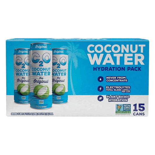 A 15-can pack of C2O Coconut Water Hydration Pack, The Original, each 17.5 fl oz with blue and white packaging by Vegas Party Favors. Features include Never from concentrate, Electrolytes, and Non-GMO Plant-Based Hydration, showcased with three cans upfront for natural refreshment.