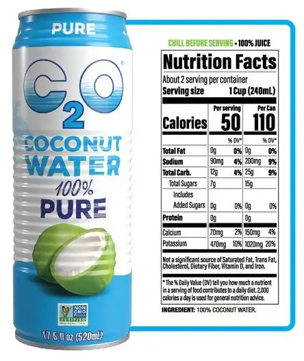 A 17.5 fl oz can of C2O Coconut Water Hydration Pack by Vegas Party Favors features 100% Pure, Plant Based Hydration. Nutrition facts show 50 calories, 0g fat, 90mg sodium, and 11g sugars per serving. Ingredients highlight non-GMO coconut water.