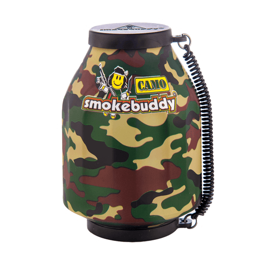 The Camo Smokebuddy Original Personal Air Filter by Vegas Party Favors is a compact, camouflage-colored cylindrical device with black caps and a coiled strap that ensures odorless air on-the-go.