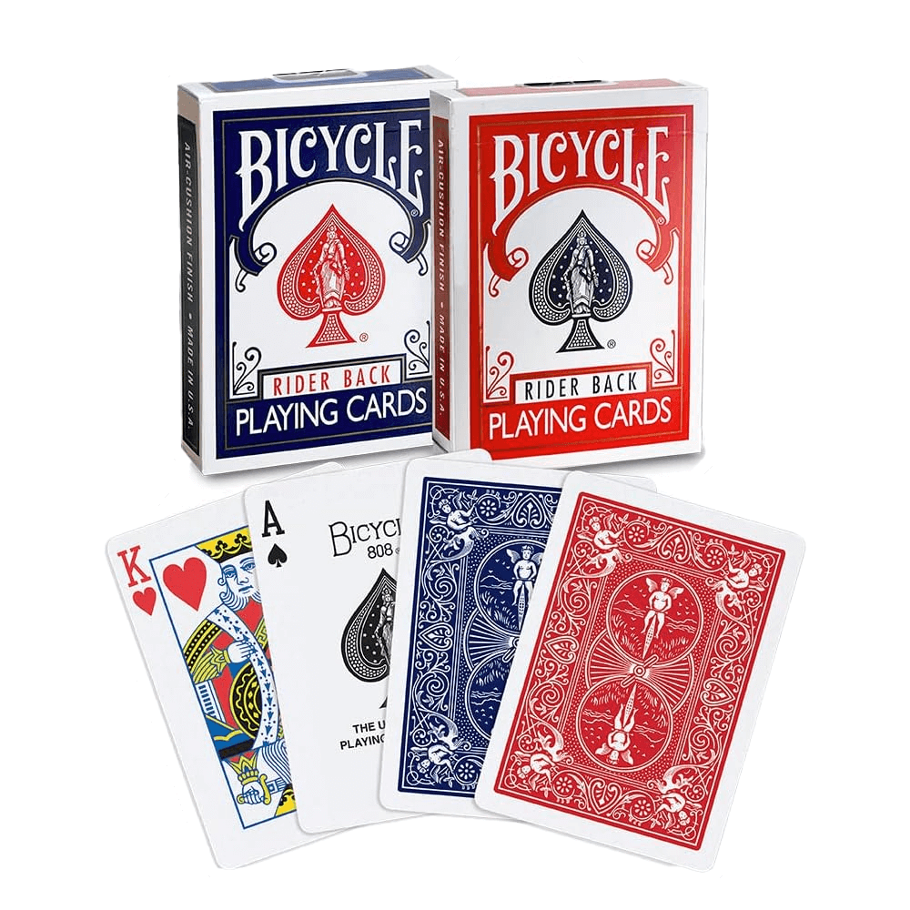 A set of Bicycle Rider Back Playing Cards from Vegas Party Favors features two decks, one red and one blue, with classic cards like the king of hearts and ace of spades. These poker cards highlight the iconic Bicycle back design in both colors, ideal for any poker night.