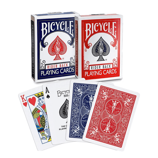 A set of Bicycle Rider Back Playing Cards from Vegas Party Favors features two decks, one red and one blue, with classic cards like the king of hearts and ace of spades. These poker cards highlight the iconic Bicycle back design in both colors, ideal for any poker night.