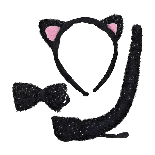 The Kitten Costume Accessory Kit by Vegas Party Favors includes a black furry tail and headband with glittery cat ears and pink details, plus a chic bow tie and choker for an enchanting look.