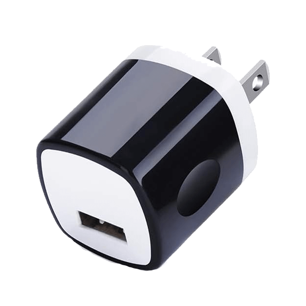 The sleek black and white Vegas Party Favors Wall Adapter 1A 5V Single Port Charger features fast charging with a USB port and two metal prongs for easy outlet connection. Compatible with iPhone 14 to 11, Galaxy S23 Ultra to S9, Note20, Google 8A, and more.