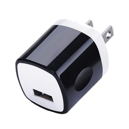 The sleek black and white Vegas Party Favors Wall Adapter 1A 5V Single Port Charger features fast charging with a USB port and two metal prongs for easy outlet connection. Compatible with iPhone 14 to 11, Galaxy S23 Ultra to S9, Note20, Google 8A, and more.