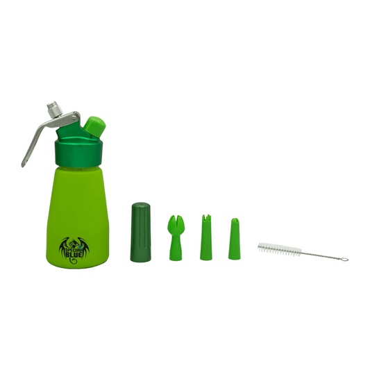 The Special Blue ½ Pint Suede Series Cream Charger Dispenser by Vegas Party Favors features a green dragon logo, a dispenser bottle, four unique decorating tips, and a small cleaning brush, all set against a white background.