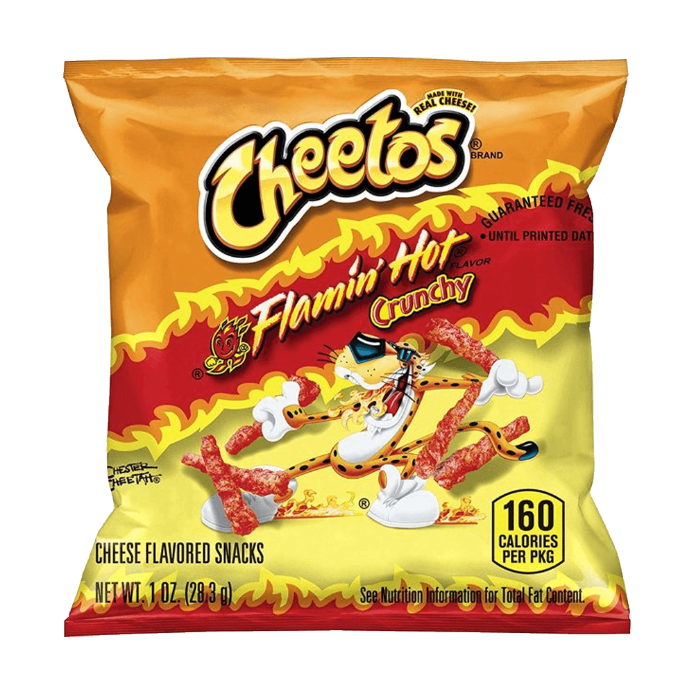 The Cheetos Crunchy Flamin Hot Cheese Flavored Snacks, 1 Ounce by Vegas Party Favors features a vibrant orange and yellow design. The packaging highlights spicy cheese snacks with a cartoon character holding fiery Cheetos, delivering 160 calories of irresistible hot flavor per bag.