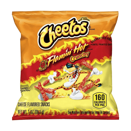 The Cheetos Crunchy Flamin Hot Cheese Flavored Snacks, 1 Ounce by Vegas Party Favors features a vibrant orange and yellow design. The packaging highlights spicy cheese snacks with a cartoon character holding fiery Cheetos, delivering 160 calories of irresistible hot flavor per bag.