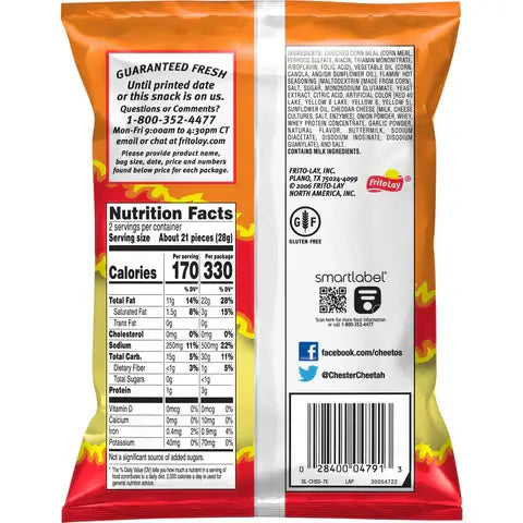 The image displays the back of a mainly yellow, 1-ounce Cheetos Crunchy Flamin Hot Cheese Flavored Snacks bag from Vegas Party Favors. It features nutritional facts, a guarantee statement, contact info, social media icons, and a barcode with the Frito-Lay and Cheetos logos in red accents.