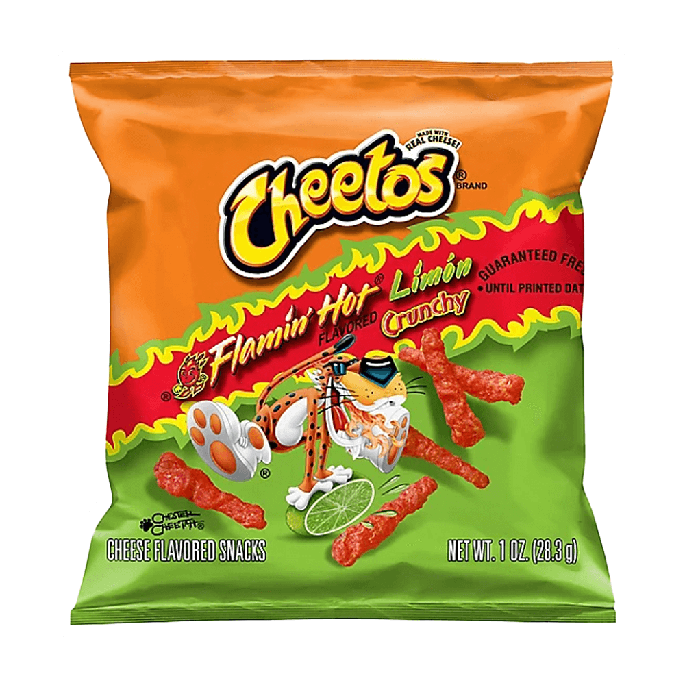 A 1 oz bag of Vegas Party Favors CHEETOS Snacks Cheese Flavored Crunchy Flamin Hot Limon, gluten-free with vibrant packaging featuring fiery red chips and lime slices, delivers a bold, zesty, and spicy kick for your cravings.