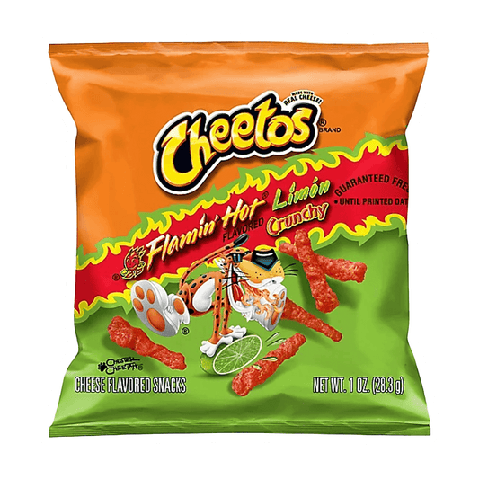 A 1 oz bag of Vegas Party Favors CHEETOS Snacks Cheese Flavored Crunchy Flamin Hot Limon, gluten-free with vibrant packaging featuring fiery red chips and lime slices, delivers a bold, zesty, and spicy kick for your cravings.