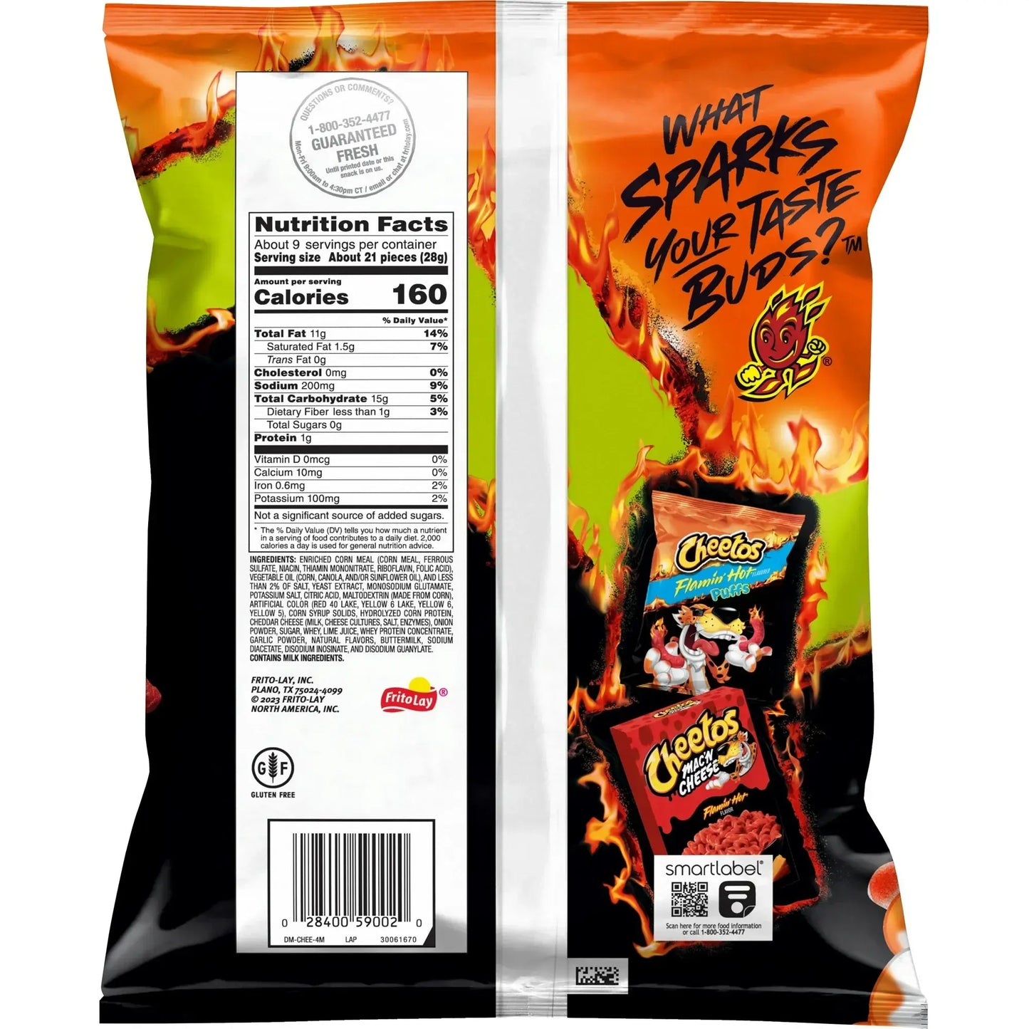 The image shows the back of a CHEETOS Snacks Cheese Flavored Crunchy Flamin Hot Limon 1 Oz bag by Vegas Party Favors, with the slogan What Sparks Your Taste Buds? near Chester Cheetah, highlighting nutrition facts and gluten-free Cheetos varieties.