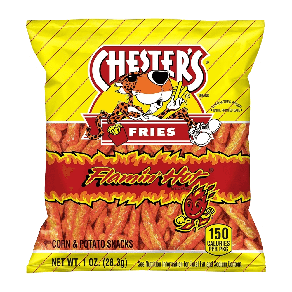 Chesters Hot Fries, 1 ounce snack by Vegas Party Favors, features a cartoon cheetah on a yellow and red design with each bag containing 150 calories.