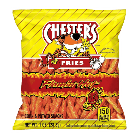 Chesters Hot Fries, 1 ounce snack by Vegas Party Favors, features a cartoon cheetah on a yellow and red design with each bag containing 150 calories.