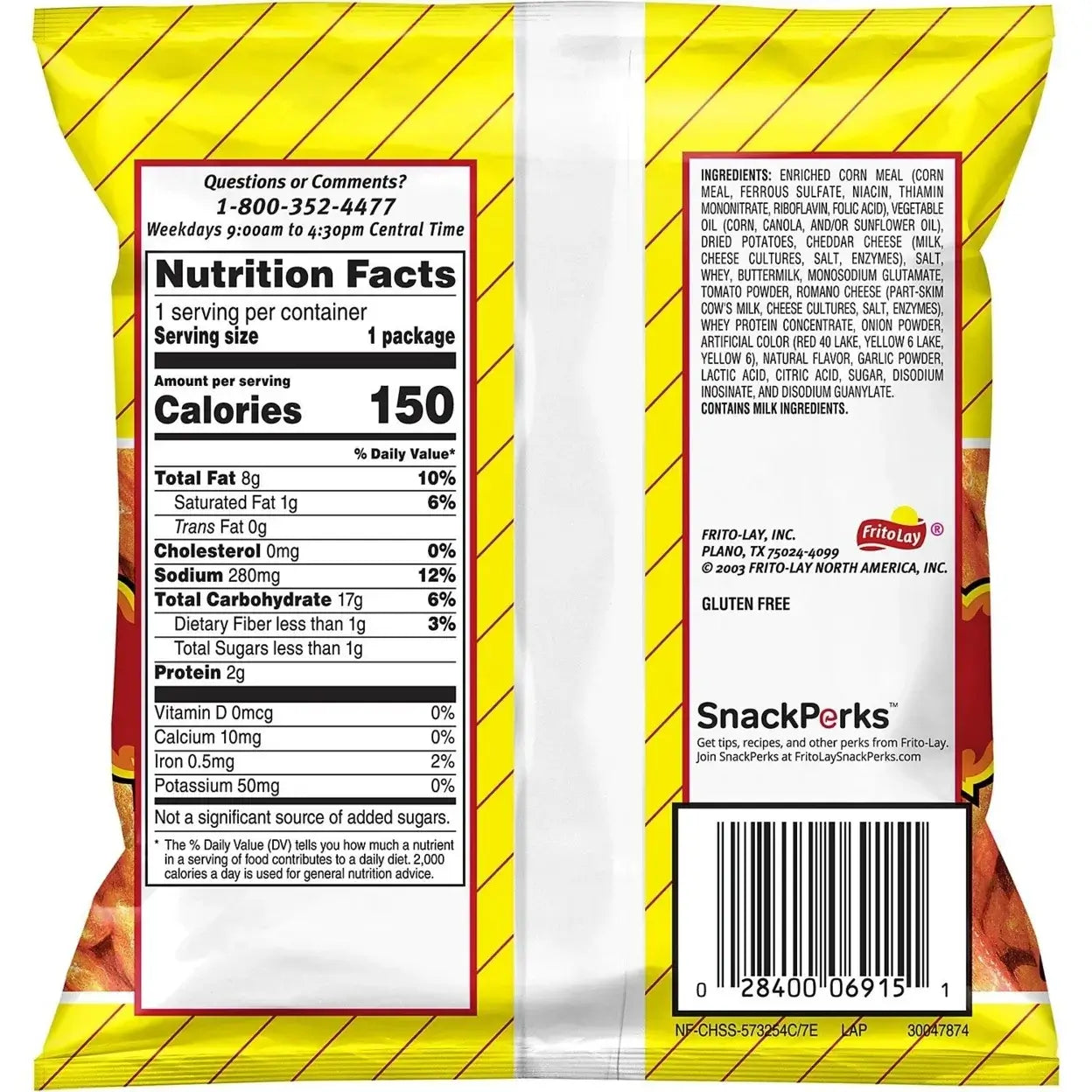 The back of the Chesters Hot Fries, 1 Ounce package from Vegas Party Favors shows nutrition facts, a barcode, and contact info. The label indicates 150 calories per serving. The yellow packaging has diagonal red stripes with Gluten Free prominently displayed.