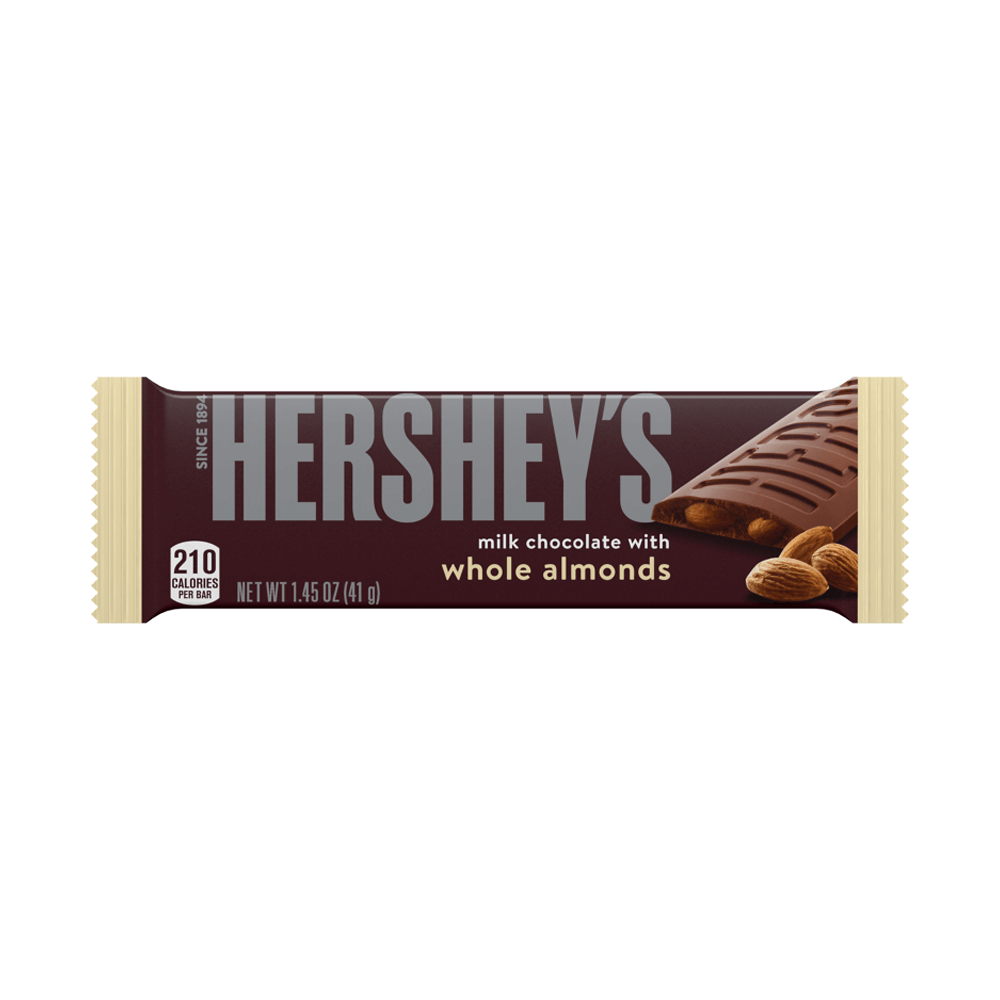 The Vegas Party Favors Hershey Milk Chocolate with Whole Almonds Full Size candy bar comes in brown packaging with an image of chocolate and almonds, providing nutritional details with 210 calories per bar.