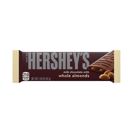 The Vegas Party Favors Hershey Milk Chocolate with Whole Almonds Full Size candy bar comes in brown packaging with an image of chocolate and almonds, providing nutritional details with 210 calories per bar.