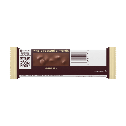 The packaging of the Vegas Party Favors Hershey Milk Chocolate with Whole Almonds features a brown and beige design labeled whole roasted almonds. The back displays whole almonds in HERSHEYS milk chocolate, a QR code, and nutritional details.