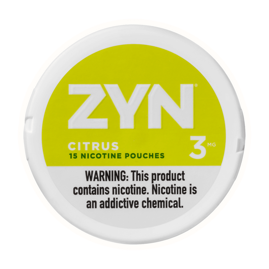 ZYN Citrus 3mg nicotine pouches container with lemon-lime flavor, 15 pouches per pack, warning label included.