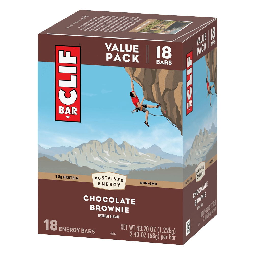 Box of CLIF BAR Plant Based energy bars, branded by Vegas Party Favors, depicted with a climber and mountain scenery. The 18 Pack highlights 10g Protein, Sustained Energy, and Non-GMO.