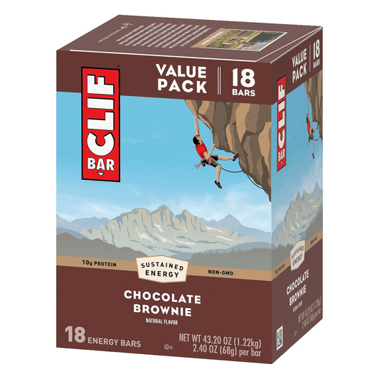 Box of CLIF BAR Plant Based energy bars, branded by Vegas Party Favors, depicted with a climber and mountain scenery. The 18 Pack highlights 10g Protein, Sustained Energy, and Non-GMO.