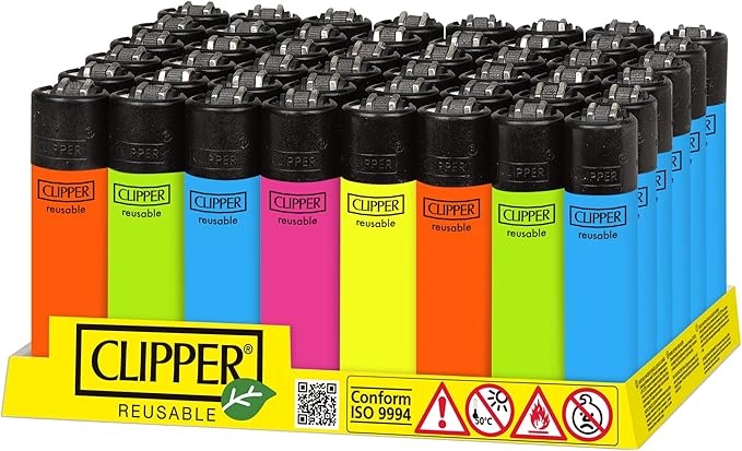 Vegas Party Favors presents a neat display of Clipper - Classic Large Reusable Lighters. These lighters feature the iconic shape and vibrant colors like orange, blue, pink, and yellow, packaged with a Conform ISO 9994 label.