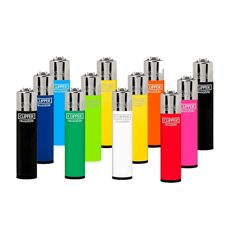 A set of twelve Clipper - Classic Large Reusable Lighters from Vegas Party Favors, featuring iconic metallic tops and colors such as black, blue, green, yellow, white, red, and pink. Arranged in rows with Clipper reusable printed on the side, theyre both practical and stylish.