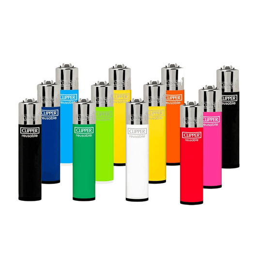 A set of twelve Clipper - Classic Large Reusable Lighters from Vegas Party Favors, featuring iconic metallic tops and colors such as black, blue, green, yellow, white, red, and pink. Arranged in rows with Clipper reusable printed on the side, theyre both practical and stylish.