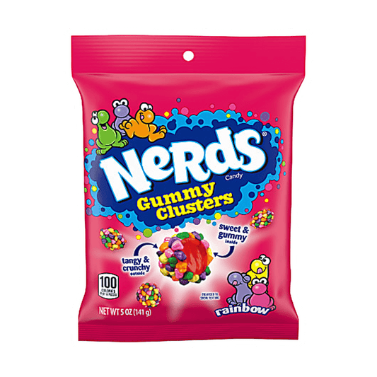 The 5 oz Nerds Gummy Clusters Peg Bag by Vegas Party Favors features bite-sized clusters with a Sweet & Gummy Inside, Tangy & Crunchy Outside tag. The colorful pink packaging showcases cartoon characters and candies with fruity gummy centers bursting with flavor, labeled Rainbow.