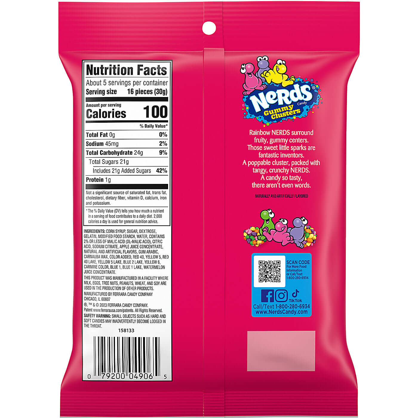 The back of the Nerds Gummy Clusters Peg Bag, 5 Oz by Vegas Party Favors features a vibrant pink design with colorful cartoon characters, a QR code, and nutrition facts showing 100 calories per serving. It highlights chewy, bite-sized clusters with fruity gummy centers and crunchy Nerds.