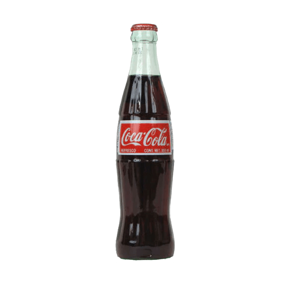 A classic 1L glass bottle of Mexican Coke by Vegas Party Favors, featuring a red and white label, filled with dark cola, and capped with a silver top.