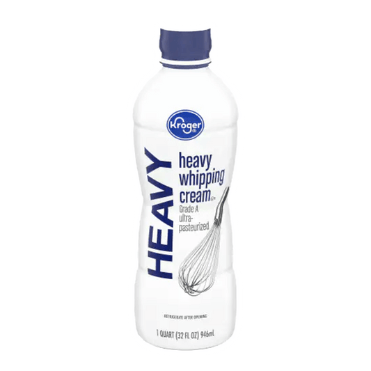 A pint of Kroger® Heavy Whipping Cream by Vegas Party Favors is perfect for baking, offering grade A, ultra-pasteurized smoothness in a white bottle with blue text and a whisk image.