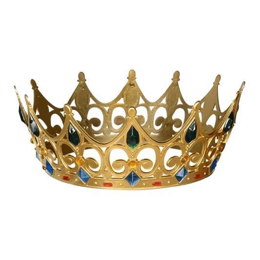 The Regal Crown by Vegas Party Favors features a golden plastic design with multicolor jewel accents and intricate pointed arches, exuding a royal look.