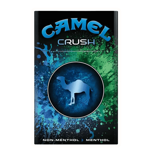 Camel Crush cigarette pack featuring menthol capsule innovation and bold graphic design for flexible flavor options.