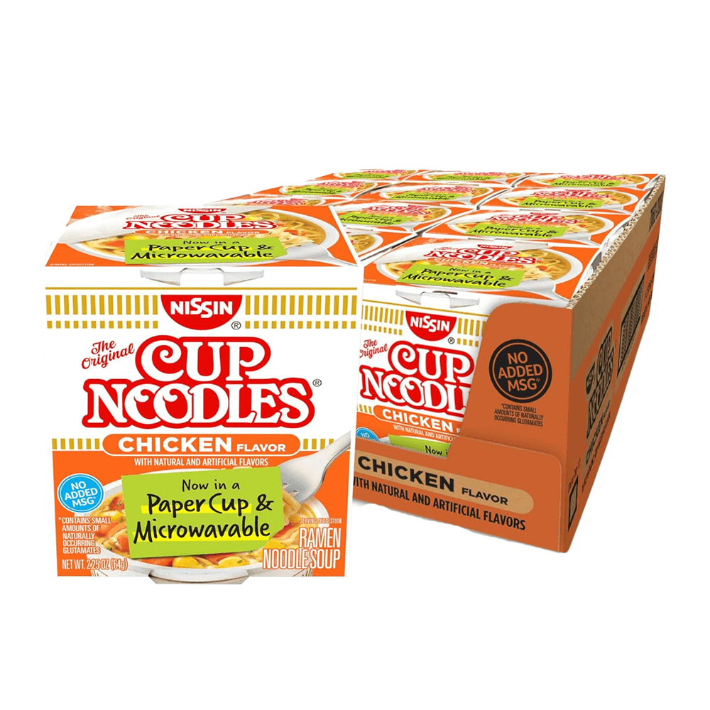 The Vegas Party Favors Nissin Cup Noodles, Chicken Flavor, 2.25 oz are perfect for ramen fans, featuring microwave-safe packaging. The vibrant orange and white design highlights MSG-free cups and now includes reduced sodium for a healthier option!.