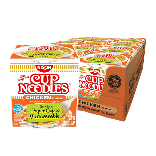 The Vegas Party Favors Nissin Cup Noodles, Chicken Flavor, 2.25 oz are perfect for ramen fans, featuring microwave-safe packaging. The vibrant orange and white design highlights MSG-free cups and now includes reduced sodium for a healthier option!.