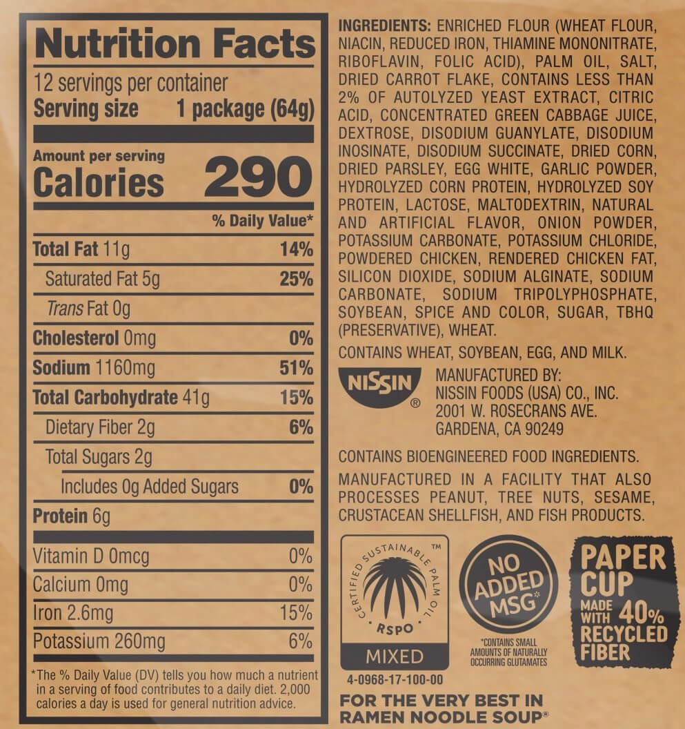 The Nissin Cup Noodles Soup in Chicken Flavor by Vegas Party Favors shows nutrition facts with 250 calories per serving, 11g of fat, and 34g of carbs. Ingredients include MSG, chicken fat, and aged garlic. Labels feature Made in USA, Microwave Safe, and Recycle.