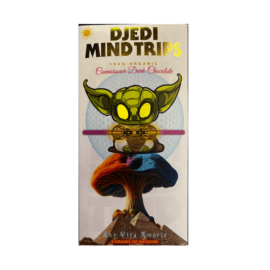 Djedi Mind Trips Dark Chocolate bar featuring extraterrestrial character and vibrant mushroom, 100% organic, 4 grams of wisdom.