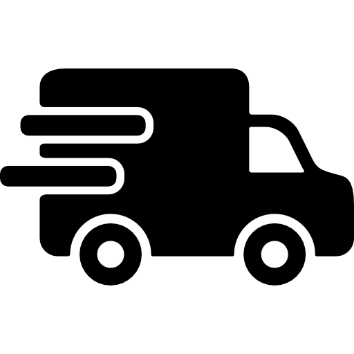 Express Delivery icon by Vegas Party Favors: a bold, black silhouette of a delivery truck with motion lines suggesting speed.