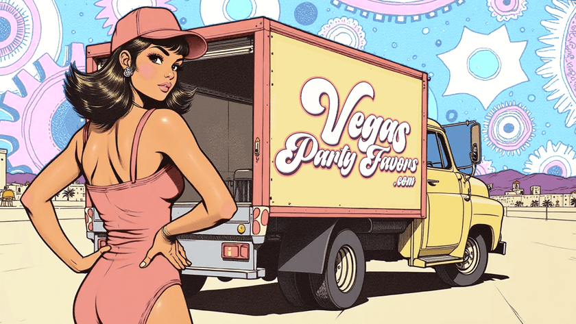 A woman in a pink outfit and cap stands next to a yellow truck with Vegas Party Favors written on it. The background features a colorful, pop-art style sky with abstract shapes.