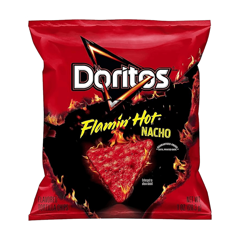 A 1 oz bag of Vegas Party Favors Doritos Flavored Tortilla Chips, Flamin Hot Nacho, features a red package with flames around the central logo, promising a spicy flavor kick for convenient snack-time enjoyment.