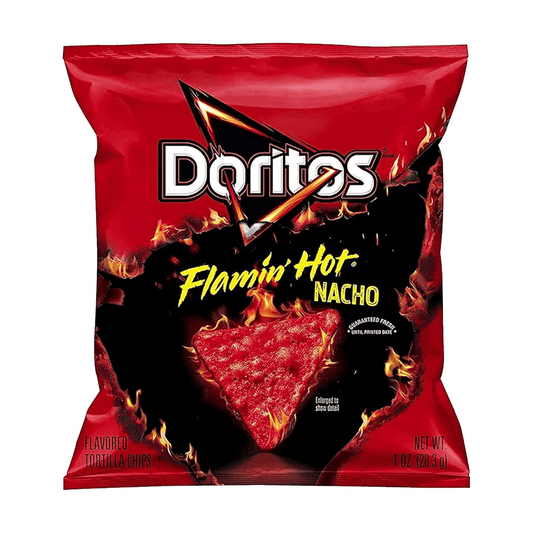 A 1 oz bag of Vegas Party Favors Doritos Flavored Tortilla Chips, Flamin Hot Nacho, features a red package with flames around the central logo, promising a spicy flavor kick for convenient snack-time enjoyment.