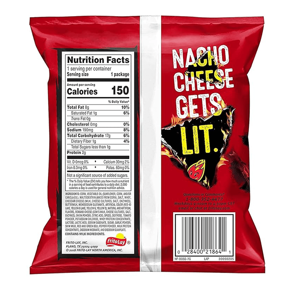 A red snack bag from Vegas Party Favors boasts Doritos Flavored Tortilla Chips, Flamin Hot Nacho, emphasizing its spicy flavor. The open design presents crispy chips with fiery graphics. Single-serve bags list nutrition facts on the back, with only 150 calories per serving.