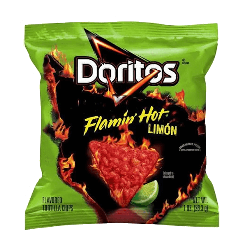 Doritos Flamin Hot Limon Flavored Tortilla Chips by Vegas Party Favors offer a bold taste with vivid green and fiery red packaging, featuring a spicy chip and lime slice image. Net weight is 1 oz (28.3 grams).